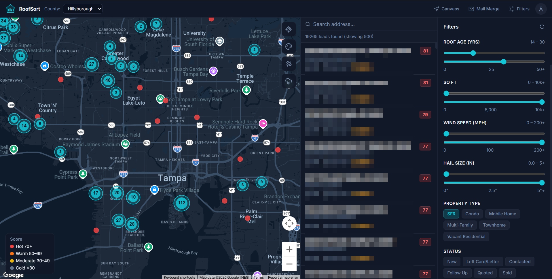 RoofSort territory intelligence dashboard showing Hillsborough County with 19,265 scored leads on an interactive map
